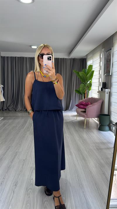 İp Askılı Büstiyer Etek Lacivert Tencel Takım