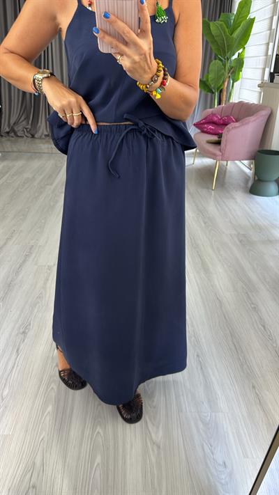 İp Askılı Büstiyer Etek Lacivert Tencel Takım