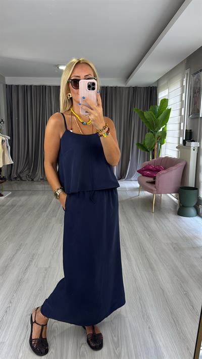 İp Askılı Büstiyer Etek Lacivert Tencel Takım