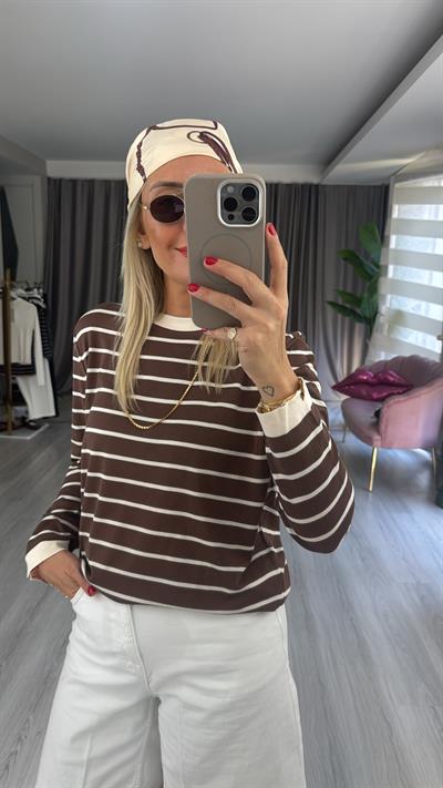 İpek Dokuda Bej Çizgili Kahverengi Merserize Triko
