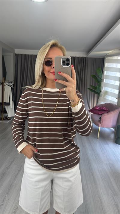 İpek Dokuda Bej Çizgili Kahverengi Merserize Triko
