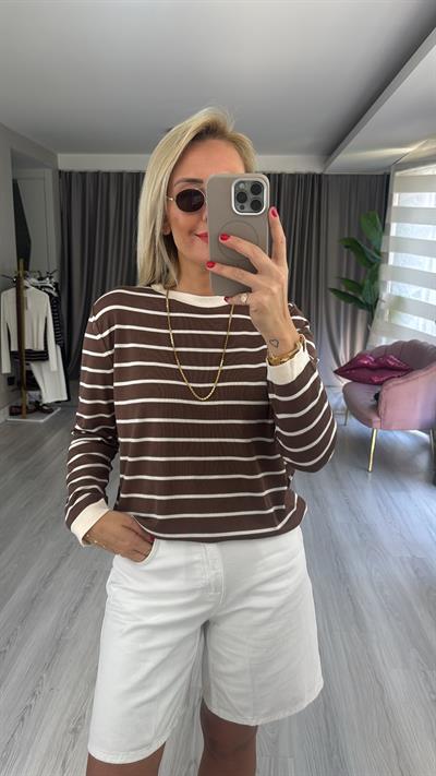 İpek Dokuda Bej Çizgili Kahverengi Merserize Triko