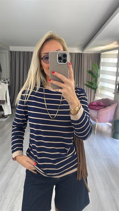 İpek Dokuda Bej Çizgili Lacivert Merserize Triko
