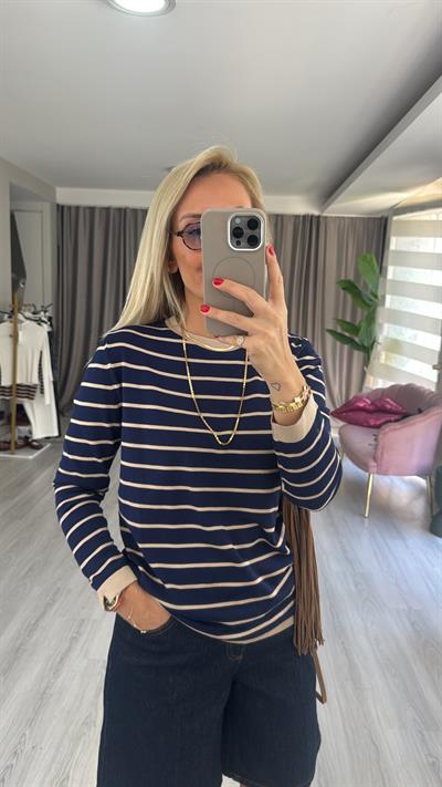 İpek Dokuda Bej Çizgili Lacivert Merserize Triko