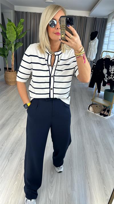 Lacivert Çizgili İpek Dokuda Triko