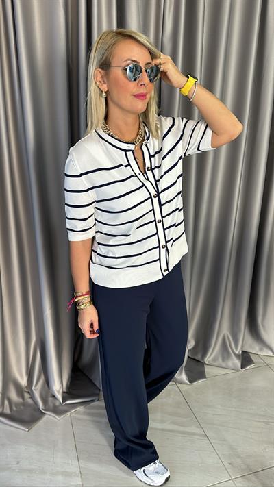 Lacivert Çizgili İpek Dokuda Triko