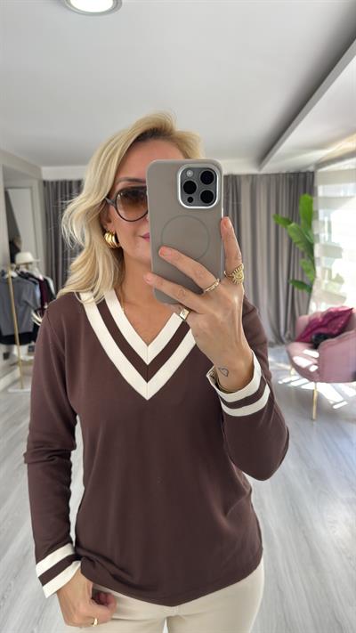 İpek Dokuda Ekru Şeritli Acı Kahve Merserize Triko
