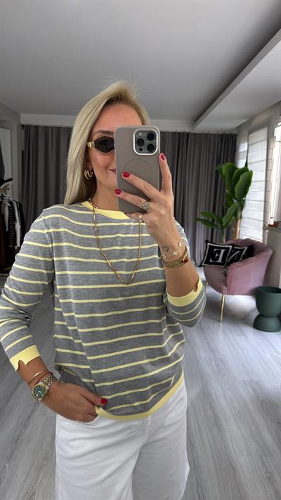 İpek Dokuda Sarı Çizgili Gri Merserize Triko