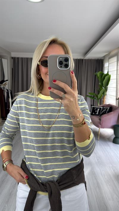 İpek Dokuda Sarı Çizgili Gri Merserize Triko