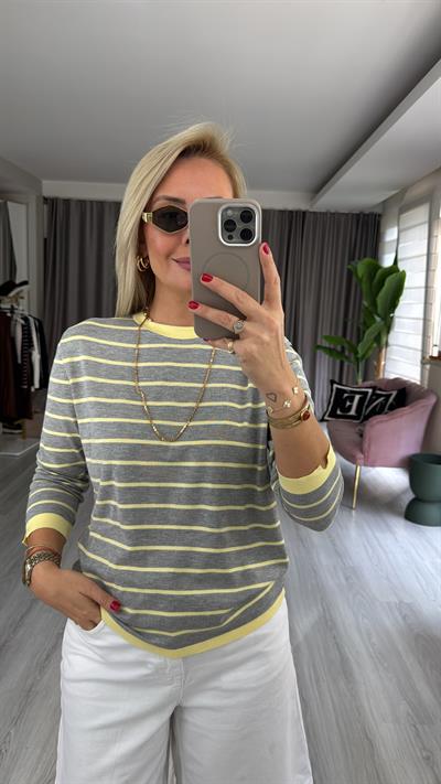 İpek Dokuda Sarı Çizgili Gri Merserize Triko