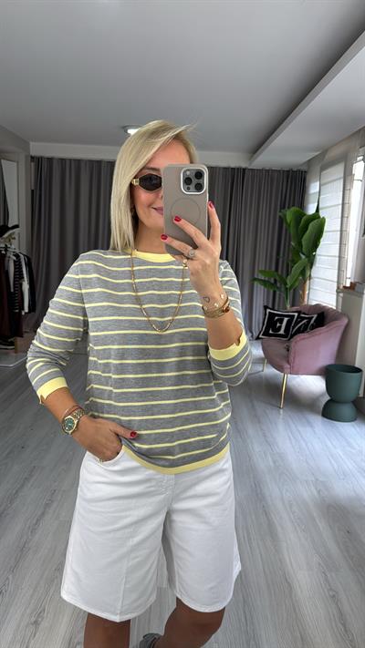 İpek Dokuda Sarı Çizgili Gri Merserize Triko