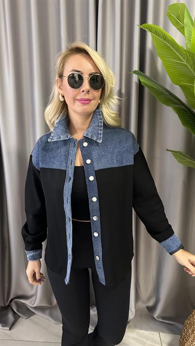 JEAN DETAYLI LİKRALI SİYAH TASARIM CEKET GÖMEK