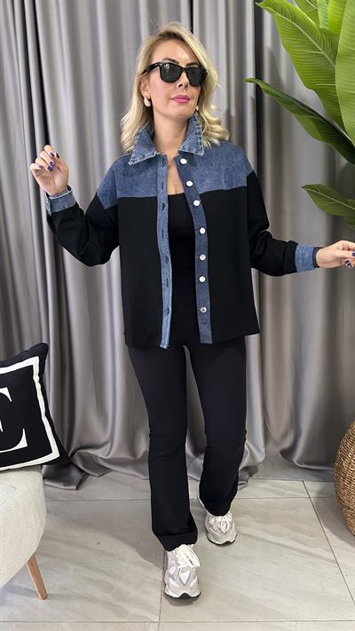 JEAN DETAYLI LİKRALI SİYAH TASARIM CEKET GÖMEK