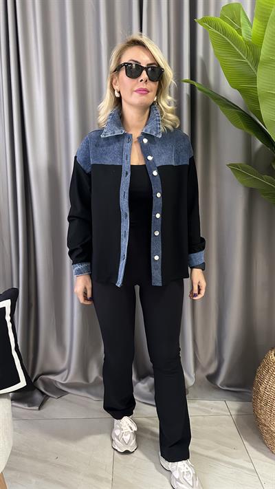 JEAN DETAYLI LİKRALI SİYAH TASARIM CEKET GÖMEK