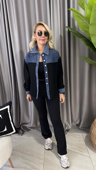 JEAN DETAYLI LİKRALI SİYAH TASARIM CEKET GÖMEK