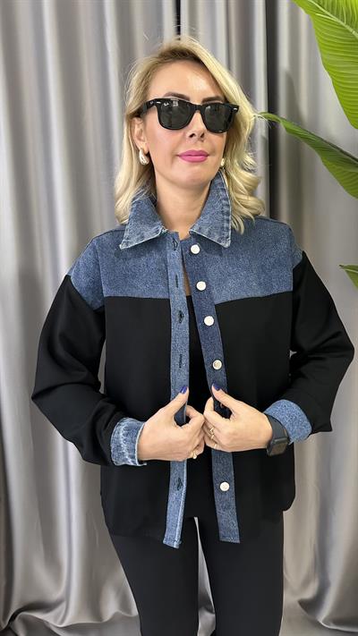 JEAN DETAYLI LİKRALI SİYAH TASARIM CEKET GÖMEK