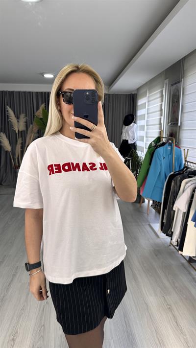 JİL SANDER YAZILI OVERSİZE TİŞÖRT / KIRMIZI BEYAZ