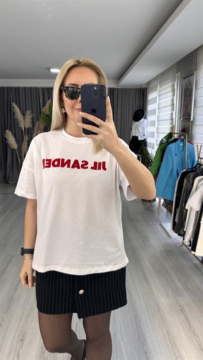 JİL SANDER YAZILI OVERSİZE TİŞÖRT / KIRMIZI BEYAZ