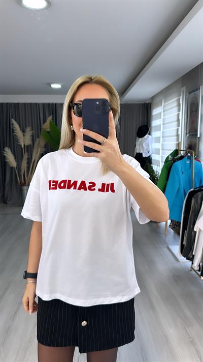 JİL SANDER YAZILI OVERSİZE TİŞÖRT / KIRMIZI BEYAZ
