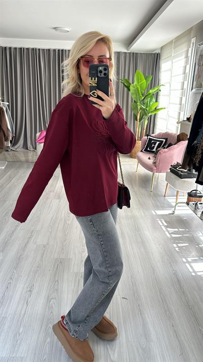 Kabartma Logolu Bordo Sweatshirt