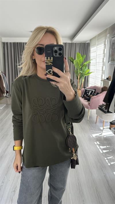 Kabartma Logolu Haki Sweatshirt