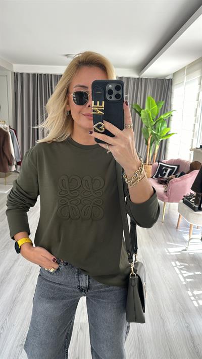 Kabartma Logolu Haki Sweatshirt