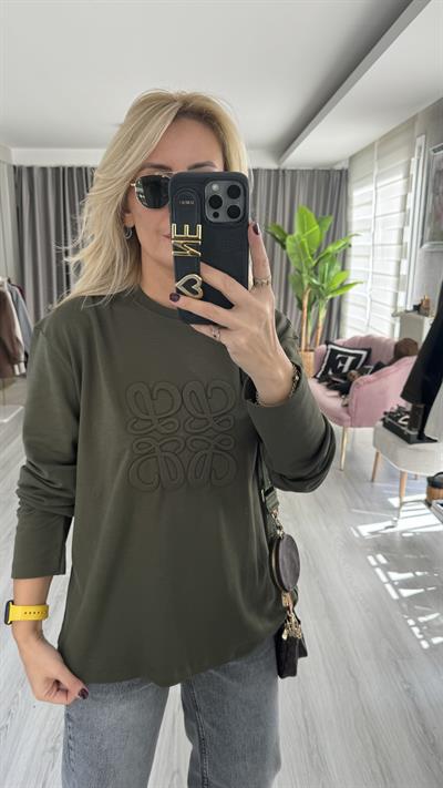 Kabartma Logolu Haki Sweatshirt