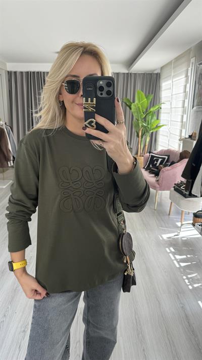 Kabartma Logolu Haki Sweatshirt