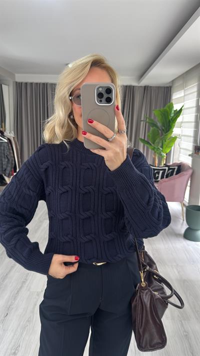 Kabartma Örgü Lacivert Triko