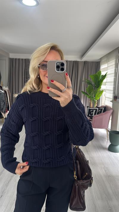 Kabartma Örgü Lacivert Triko