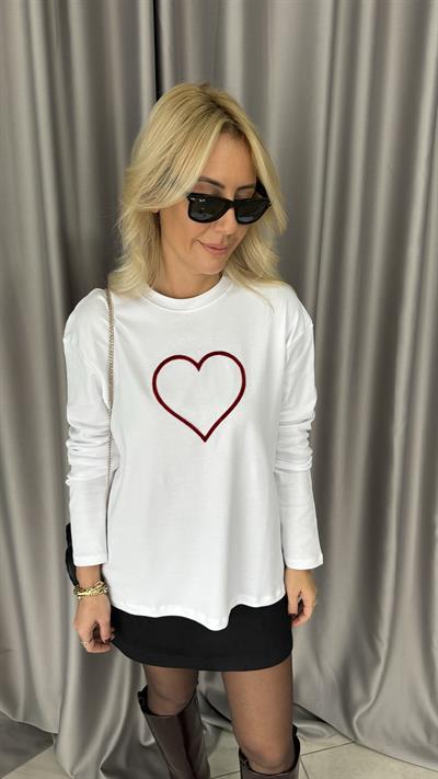 Kadife Kalp Baskılı Beyaz Sweatshirt