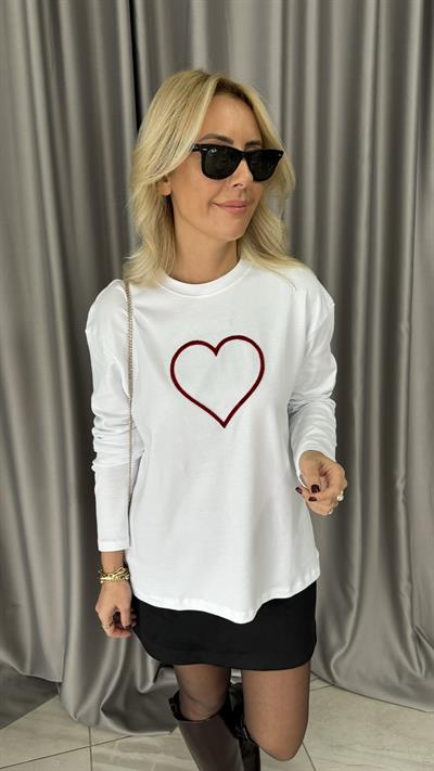 Kadife Kalp Baskılı Beyaz Sweatshirt