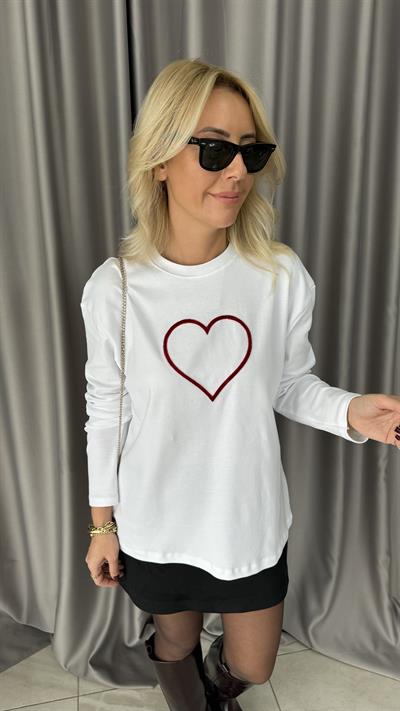 Kadife Kalp Baskılı Beyaz Sweatshirt