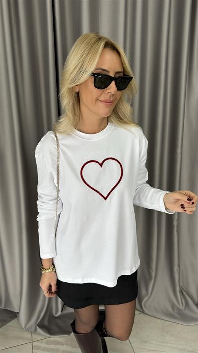 Kadife Kalp Baskılı Beyaz Sweatshirt