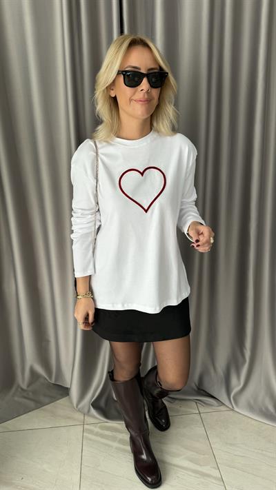 Kadife Kalp Baskılı Beyaz Sweatshirt