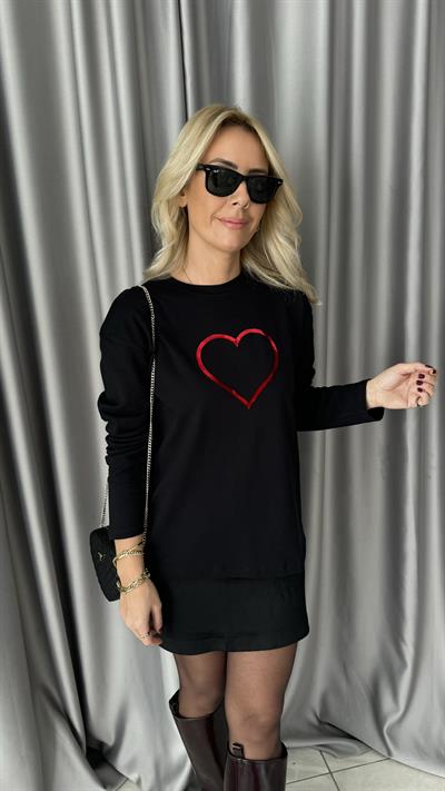 Kadife Kalp Baskılı Siyah Sweatshirt