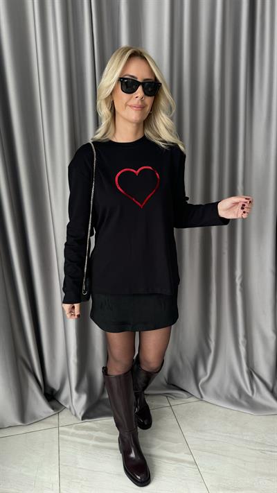 Kadife Kalp Baskılı Siyah Sweatshirt