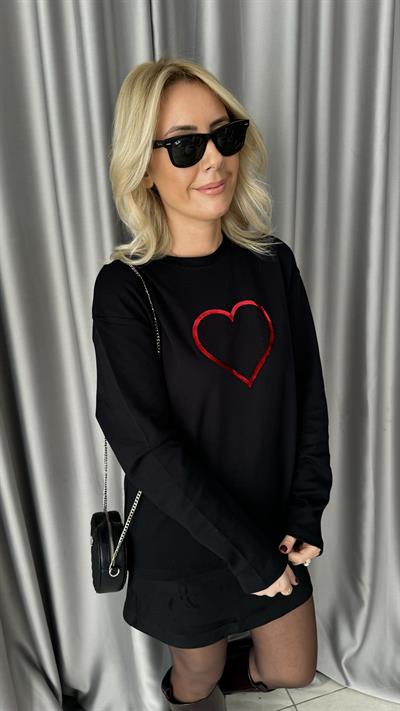 Kadife Kalp Baskılı Siyah Sweatshirt