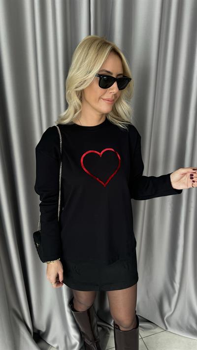 Kadife Kalp Baskılı Siyah Sweatshirt