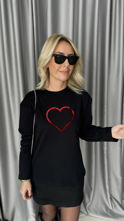 Kadife Kalp Baskılı Siyah Sweatshirt