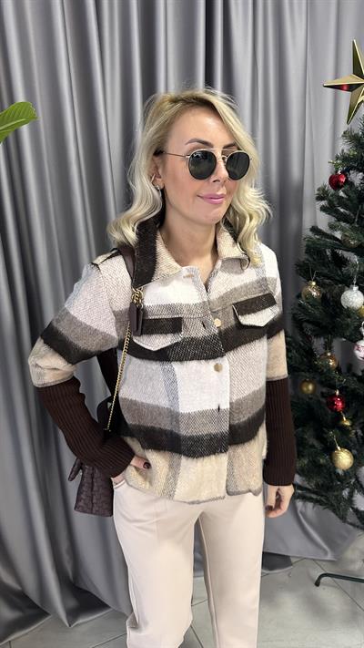 KAHVE EKOSELİ TRİKO DETAYLI KAŞE CEKET