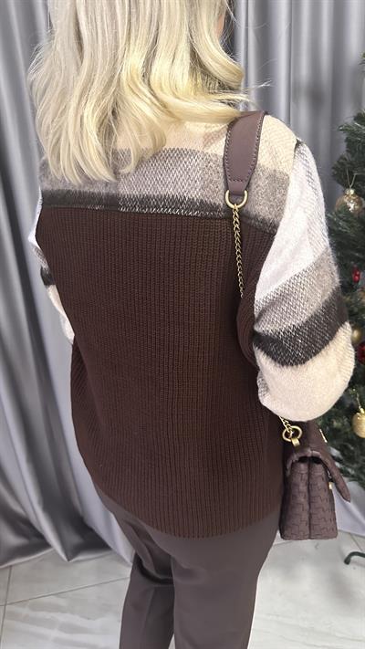 KAHVE EKOSELİ TRİKO DETAYLI KAŞE CEKET