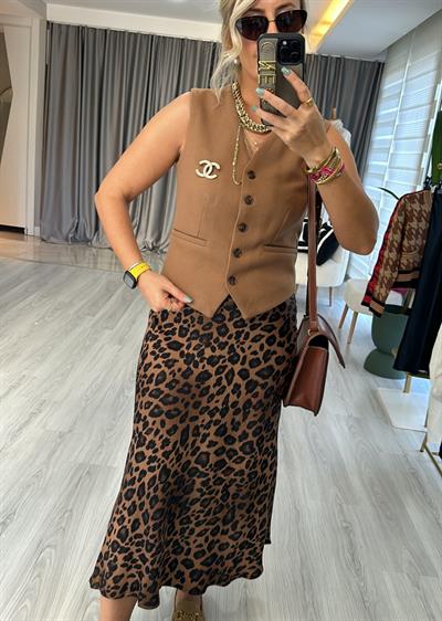 Kahve Leopar Saten Etek