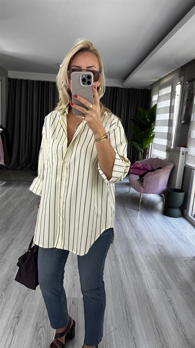 Kahverengi Çizgili Sarı Oversize Gömlek