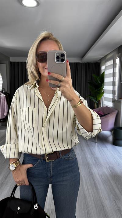 Kahverengi Çizgili Sarı Oversize Gömlek