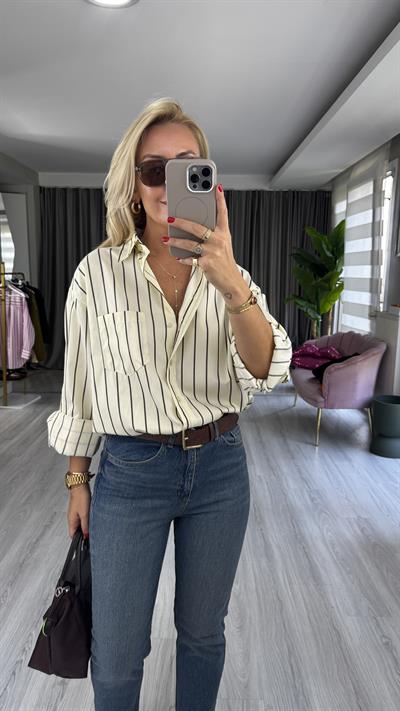 Kahverengi Çizgili Sarı Oversize Gömlek