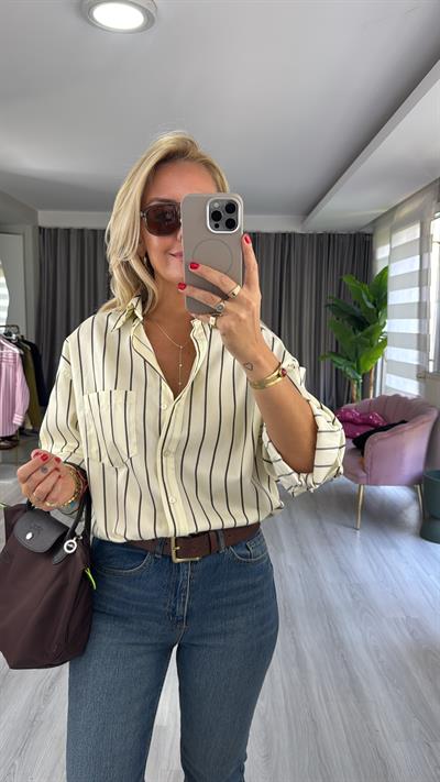 Kahverengi Çizgili Sarı Oversize Gömlek
