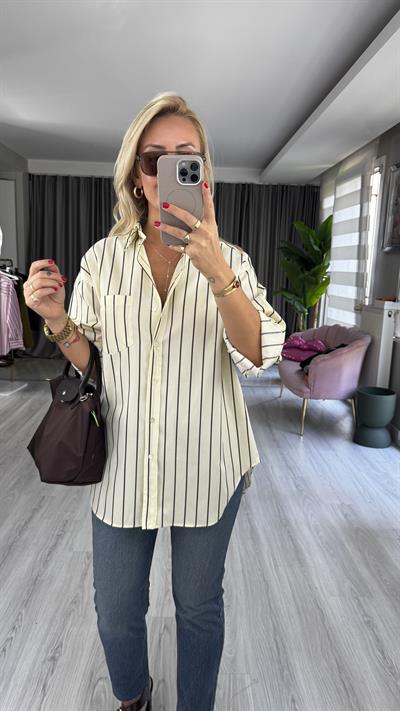 Kahverengi Çizgili Sarı Oversize Gömlek