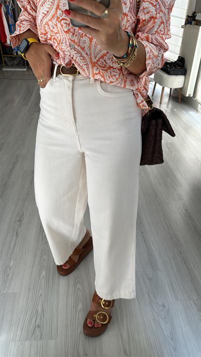 Kahverengi Kemerli Kırık Beyaz Jean