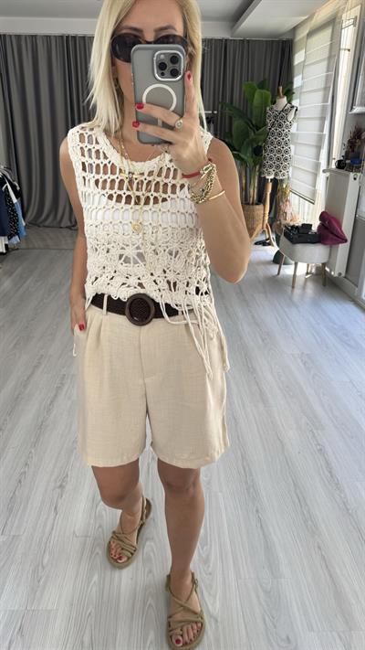 KAHVERENGİ KEMERLİ ŞEHİR BOY KETEN BEJ ŞORT